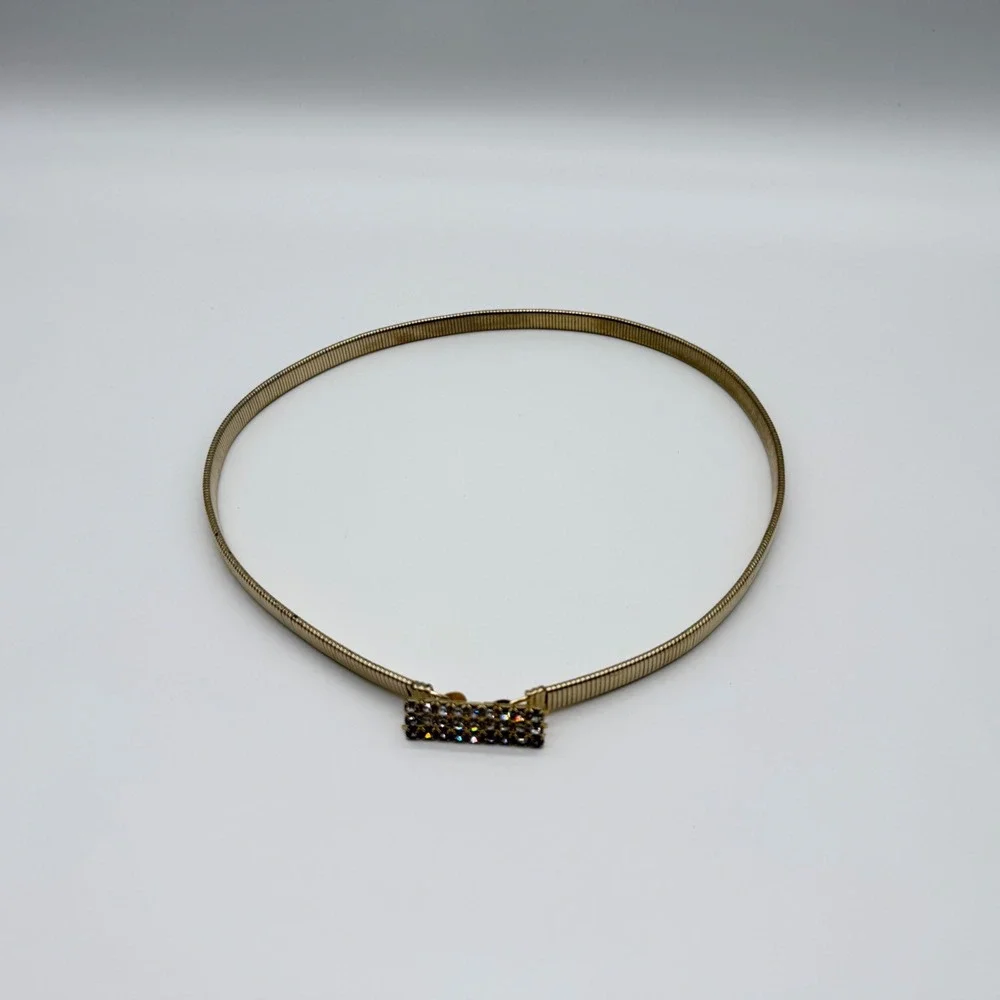 Vintage Gold Tone Snake Chain Stretch Belt Rhinestone Buckle Skinny Waist Belt